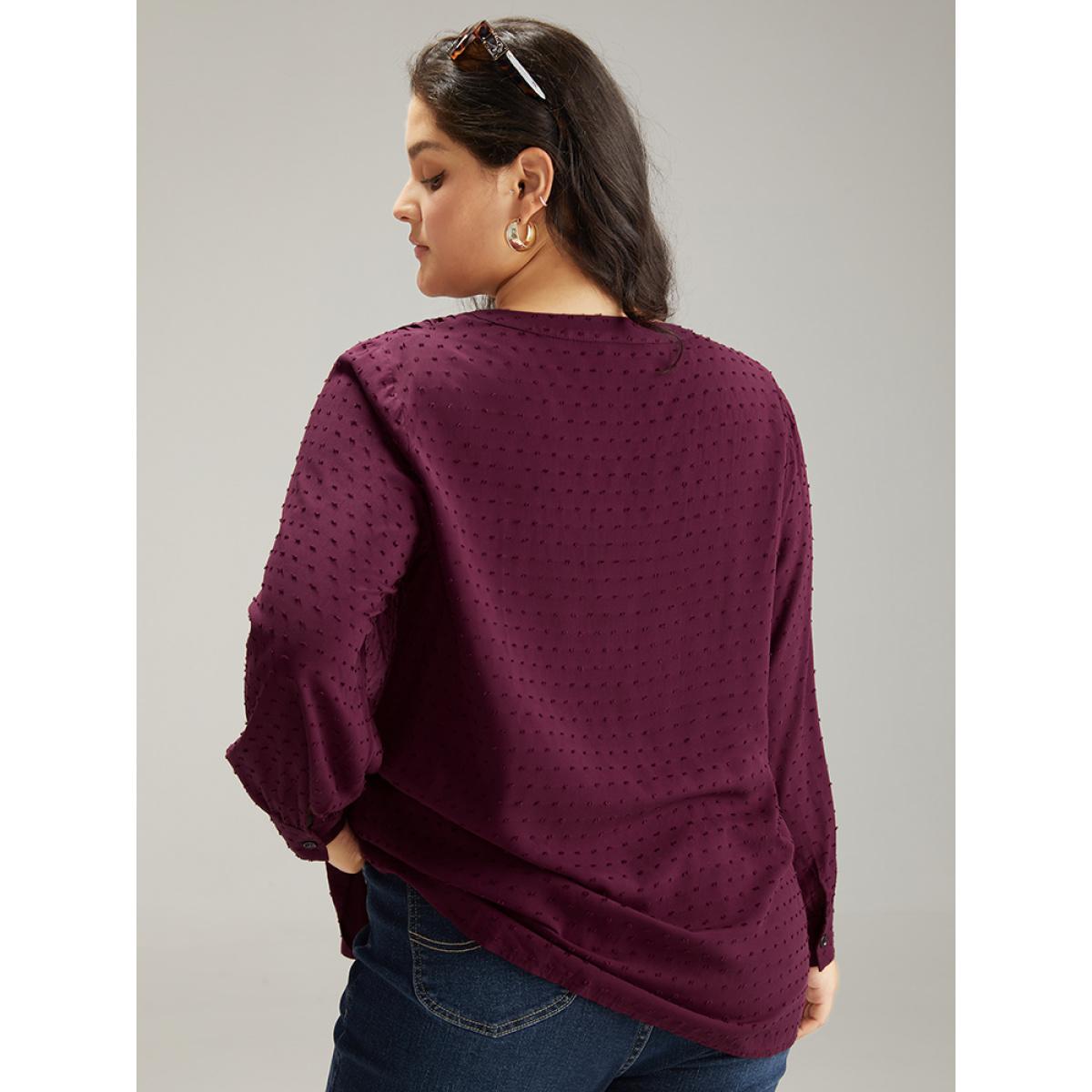 Plus Size Burgundy Plicated Detail Polka Dot Blouse Women Elegant Long Sleeve V-neck Dailywear Blouses BloomChic 30/6X Product Image