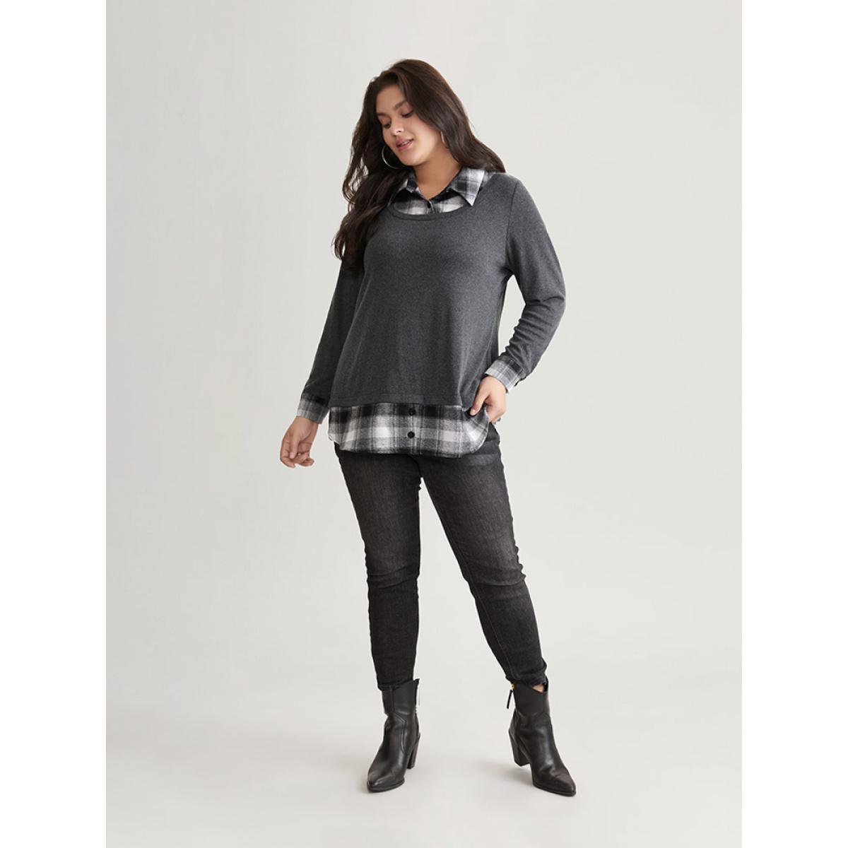 Plus Size 2-In-1 Plaid Patchwork Lapel Collar Sweatshirt Women DimGray Casual Contrast Lapel Collar Dailywear Sweatshirts BloomChic 22-24/3X Product Image