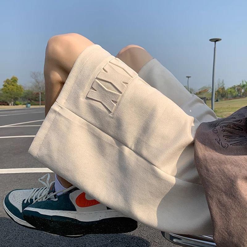 Drawstring Waist Lettering Embossed Faux Suede Wide Leg Sweat Shorts Product Image