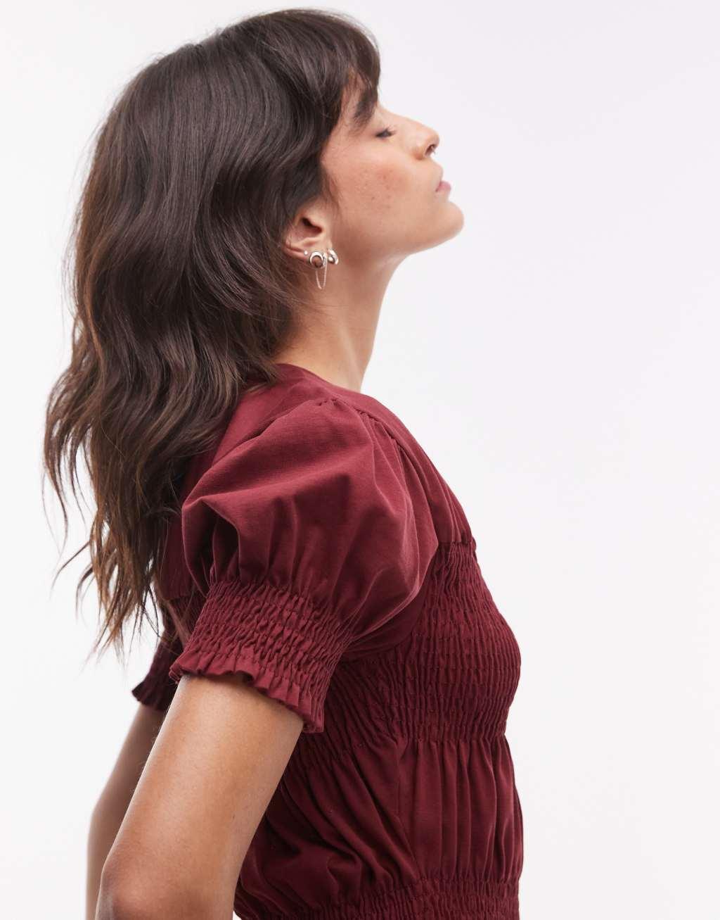 Topshop shirred panel tee in burgundy Product Image