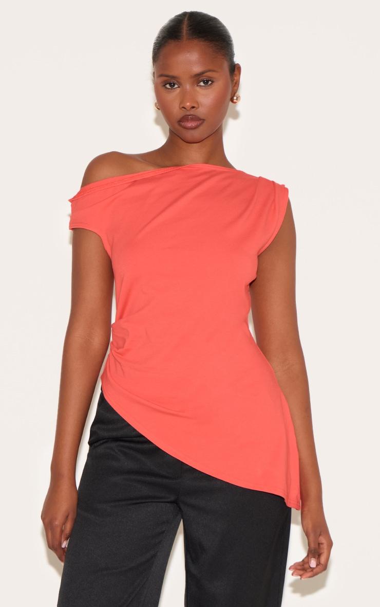 Red Asymmetric Shoulder Extreme Longline Top Product Image