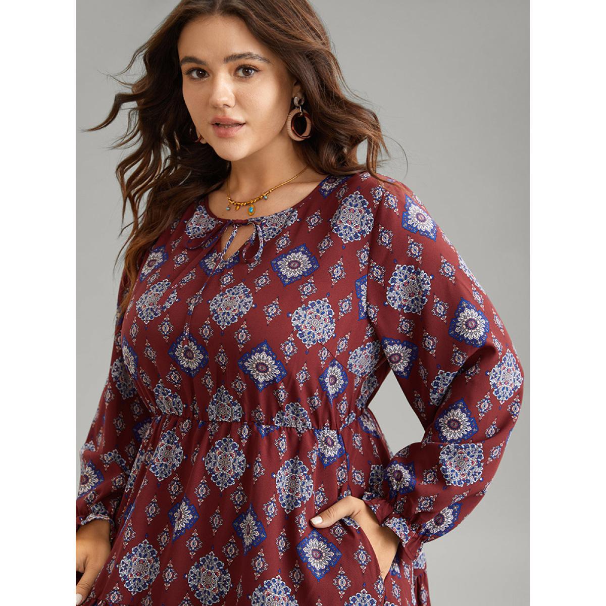 Plus Size Boho Print Knot Neck Pocket Lantern Sleeve Dress Scarlet Women Vacation Cross straps Tie Neck Long Sleeve Curvy Midi Dress BloomChic 12/L Product Image