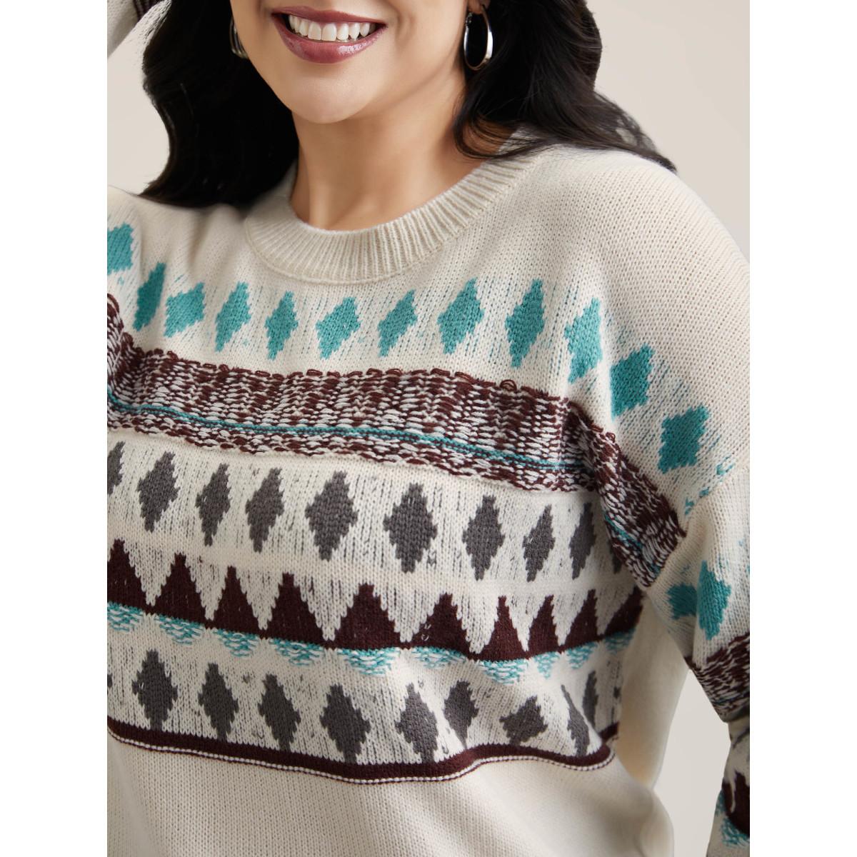 Plus Size Color-Collision Textured Knit Pullover Ivory Women Casual Loose Long Sleeve Everyday Cardigans BloomChic 18-20/2X Product Image