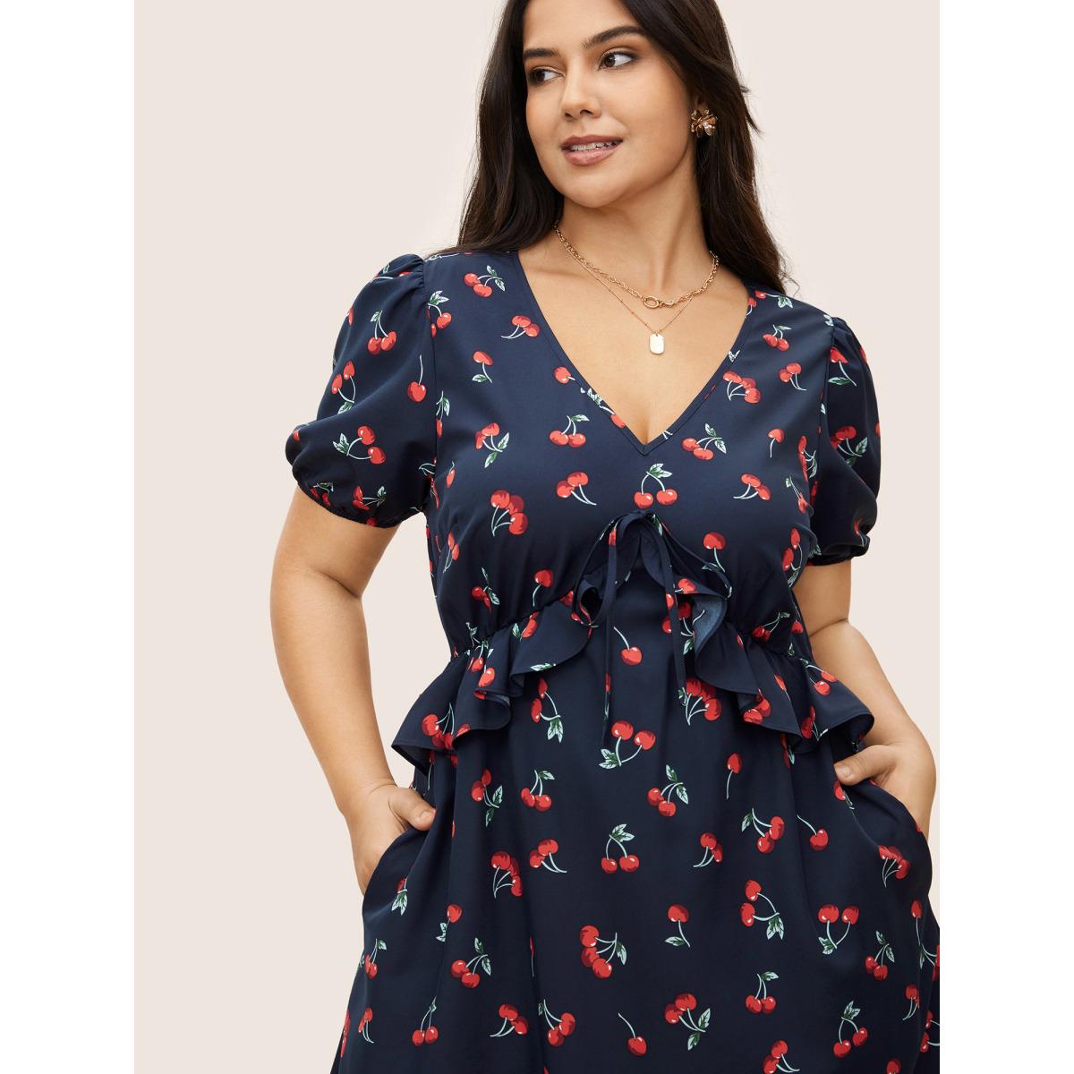 Plus Size Citrus Fruit Print Tie Knot Gathered Puff Sleeve Dress DarkBlue Women Elegant Tie knot V-neck Short sleeve Curvy Midi Dress BloomChic 18-20/2X Product Image
