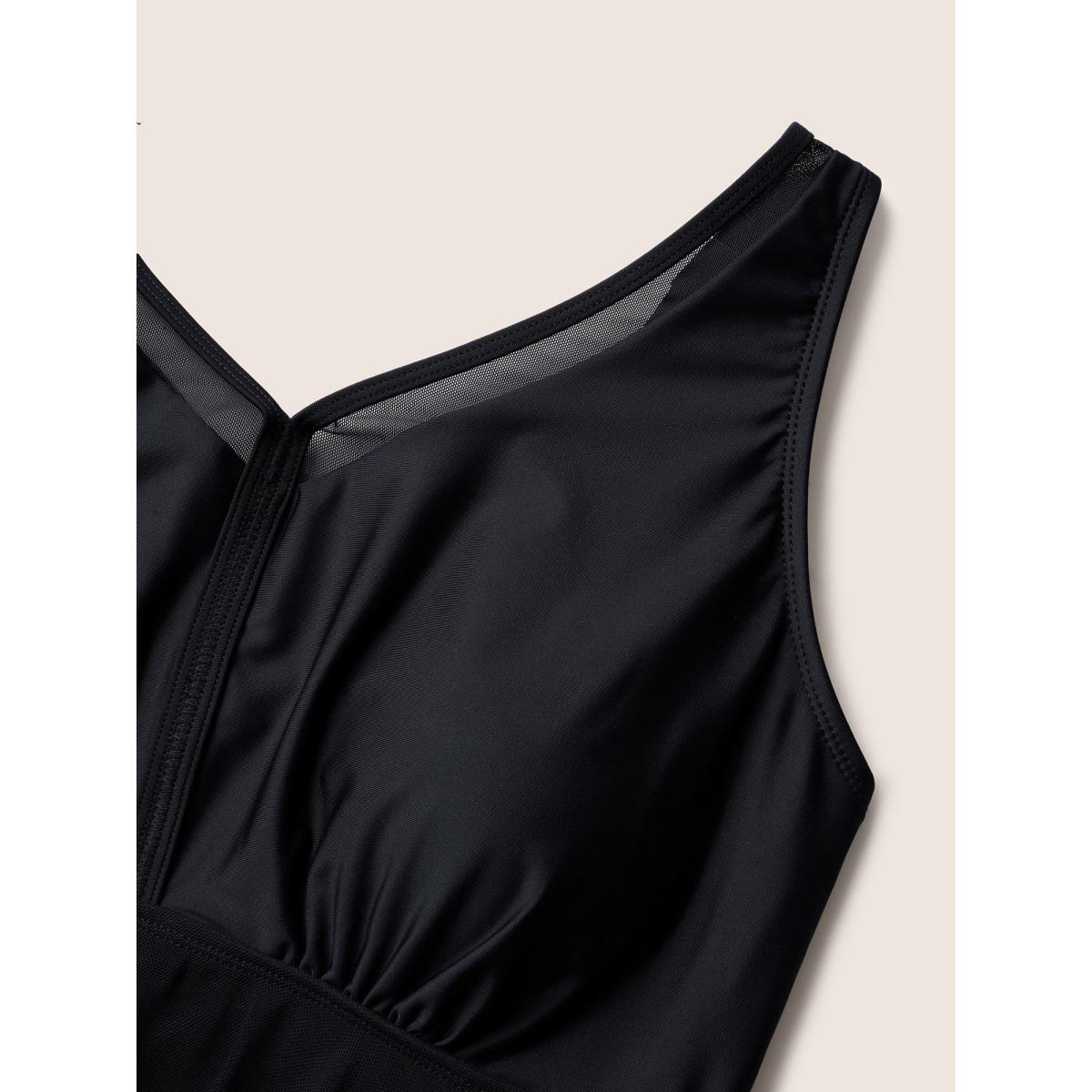 Plus Size Solid Mesh Patchwork Adjustable Straps Swim Dress Women's Swimwear Black Beach Bodycon V-neck High stretch Curve Swim Dresses BloomChic 18-20/2X Product Image