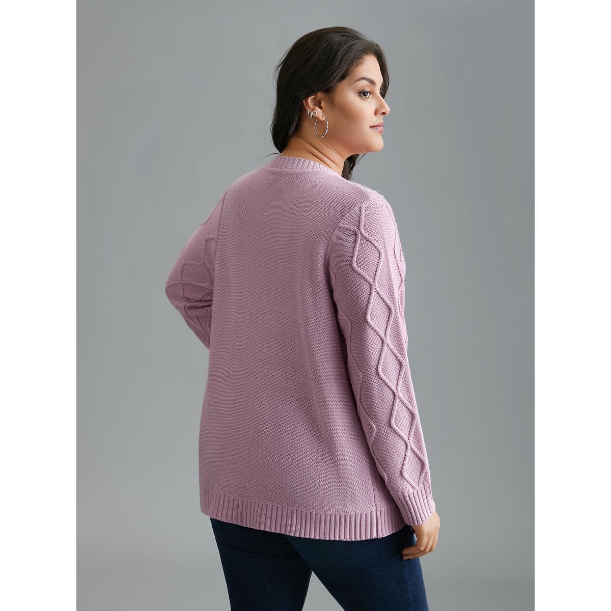 Plus Size Crew Neck Cable Knit Textured Pullover Lilac Women Casual Loose Long Sleeve Round Neck Everyday Pullovers BloomChic 28/5X Product Image