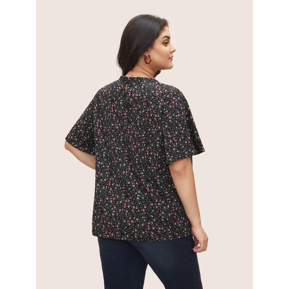 Plus Size Black Ditsy Floral Plicated Detail Frill Trim Blouse Women Timeless Short sleeve Round Neck Elegant Blouses BloomChic 30/6X Product Image