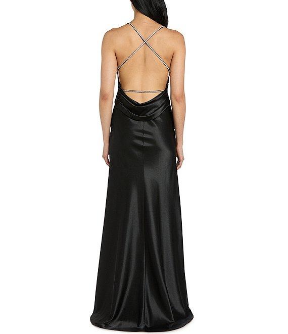 Morgan & Co. Satin Halter Plunge Neck Rhinestone Strap Cowl Back Dress Product Image