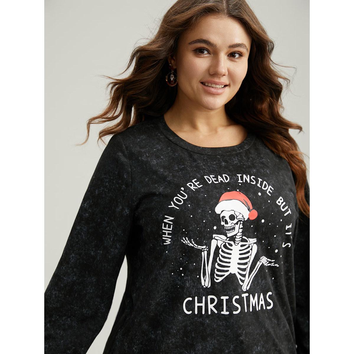 Plus Size Christmas Vintage Skull Print Crew Neck Sweatshirt Women Black Casual Elastic cuffs Festival-Christmas Sweatshirts BloomChic 26/4X Product Image