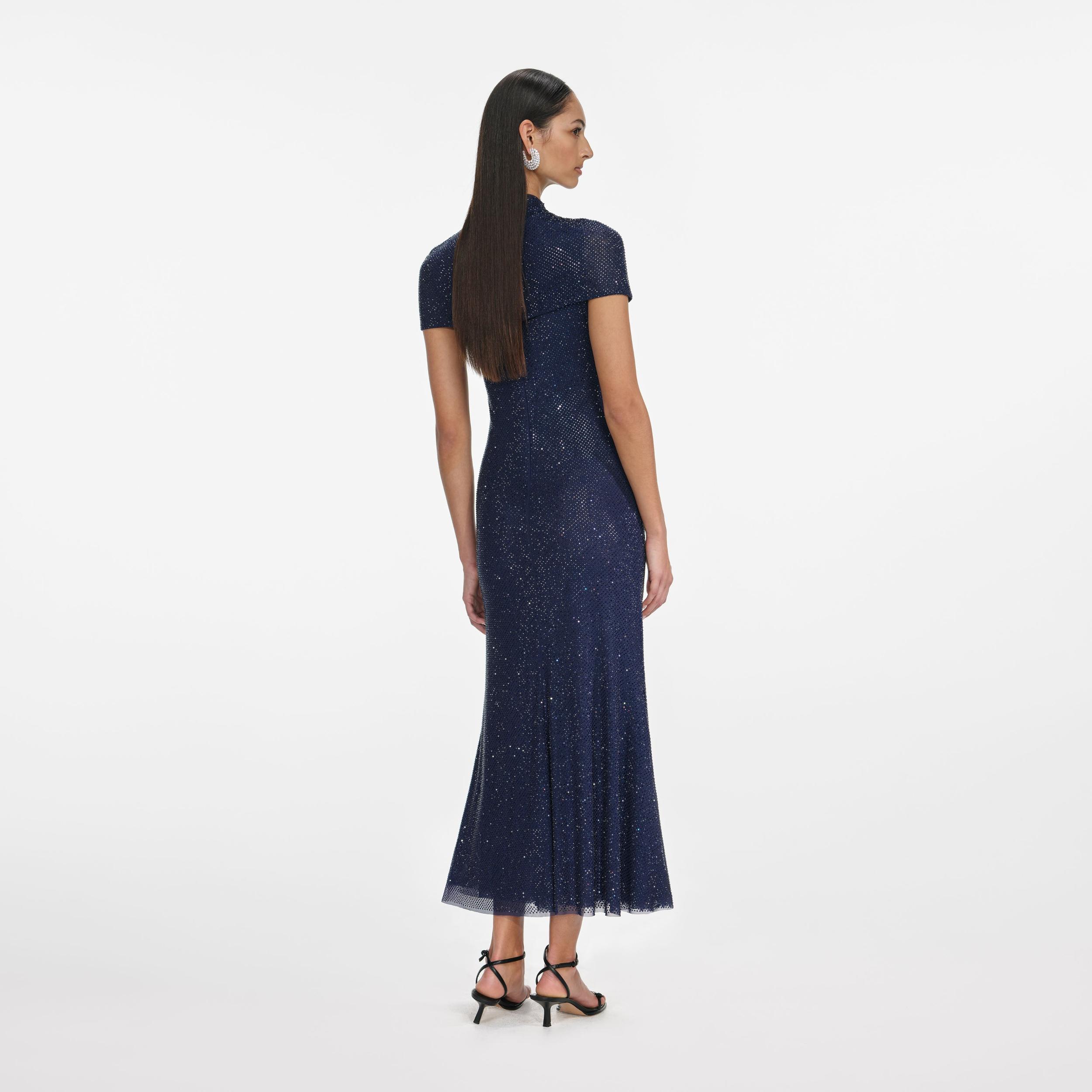 Navy Rhinestone Mesh Cut Out Midi Dress Product Image