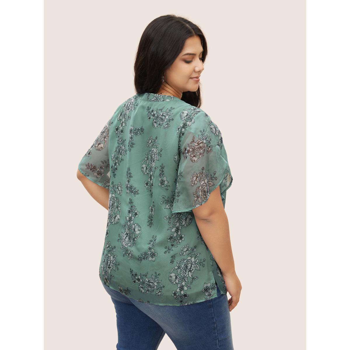 Plus Size Emerald Chiffon Floral Print Flat Collar With V Notch Petal Sleeve Blouse Women Elegant Short sleeve V-neck Everyday Blouses BloomChic 30/6X Product Image