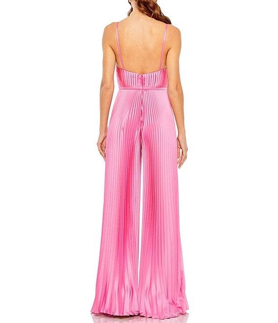 Mac Duggal Pleated Deep V-Neck Spaghetti Strap Sleeveless Wide Leg Jumpsuit Product Image