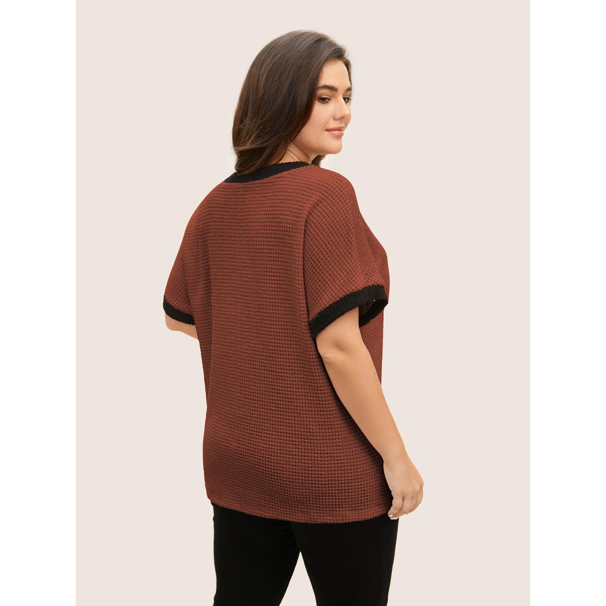 Plus Size V Neck Contrast Button Detail Knit T-shirt Rust Women Casual Texture V-neck Everyday T-shirts BloomChic 22-24/3X Product Image
