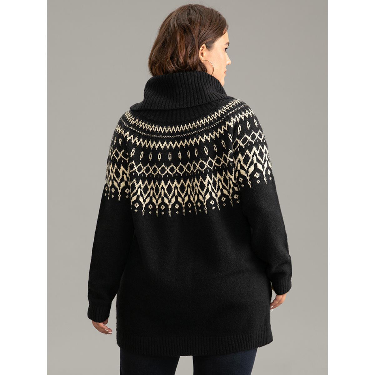 Plus Size Bandana Print Turtle Neck Elastic Cuffs Pullover Black Women Casual Loose Long Sleeve Turtleneck Dailywear Pullovers BloomChic 10/M Product Image