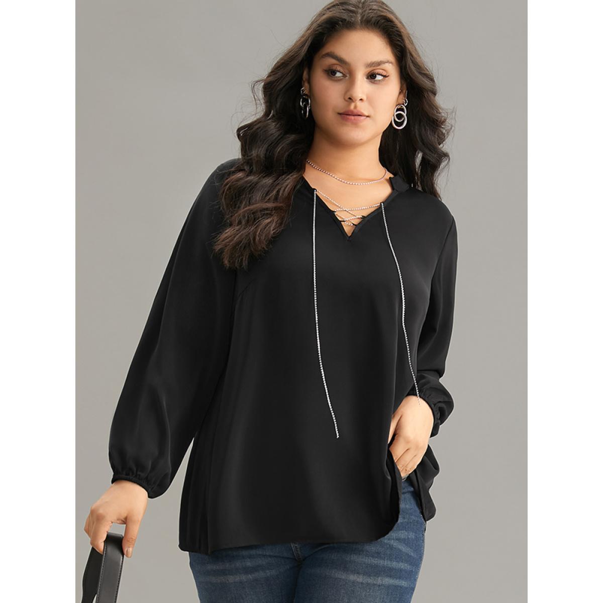 Plus Size Black Anti-Wrinkle Lace Up Chain Detail Lantern Sleeve Blouse Women Office Long Sleeve Tie Neck Party Blouses BloomChic 18-20/2X Product Image