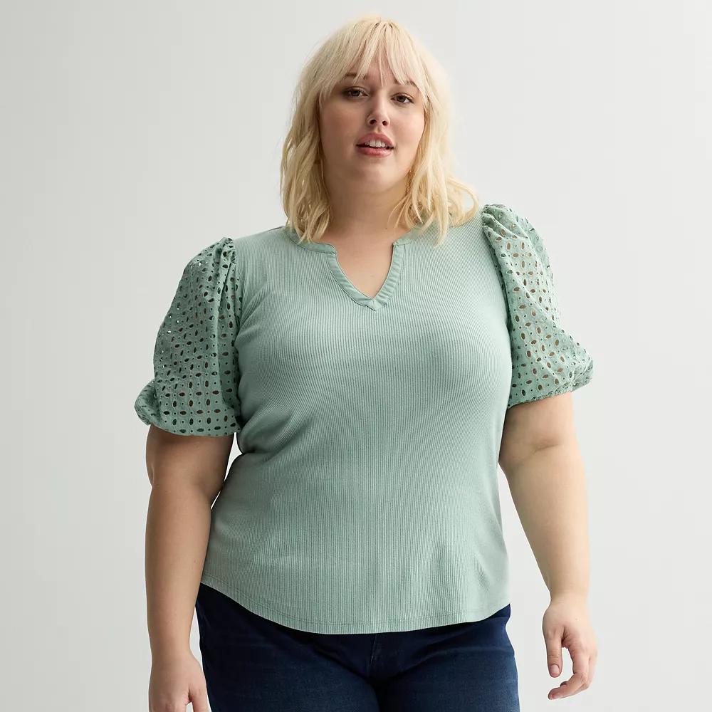 Plus Size Nine West Mixed Media Puffed Sleeve Y-Neck Top, Women's, Size: 0X, Hanover Blue Product Image