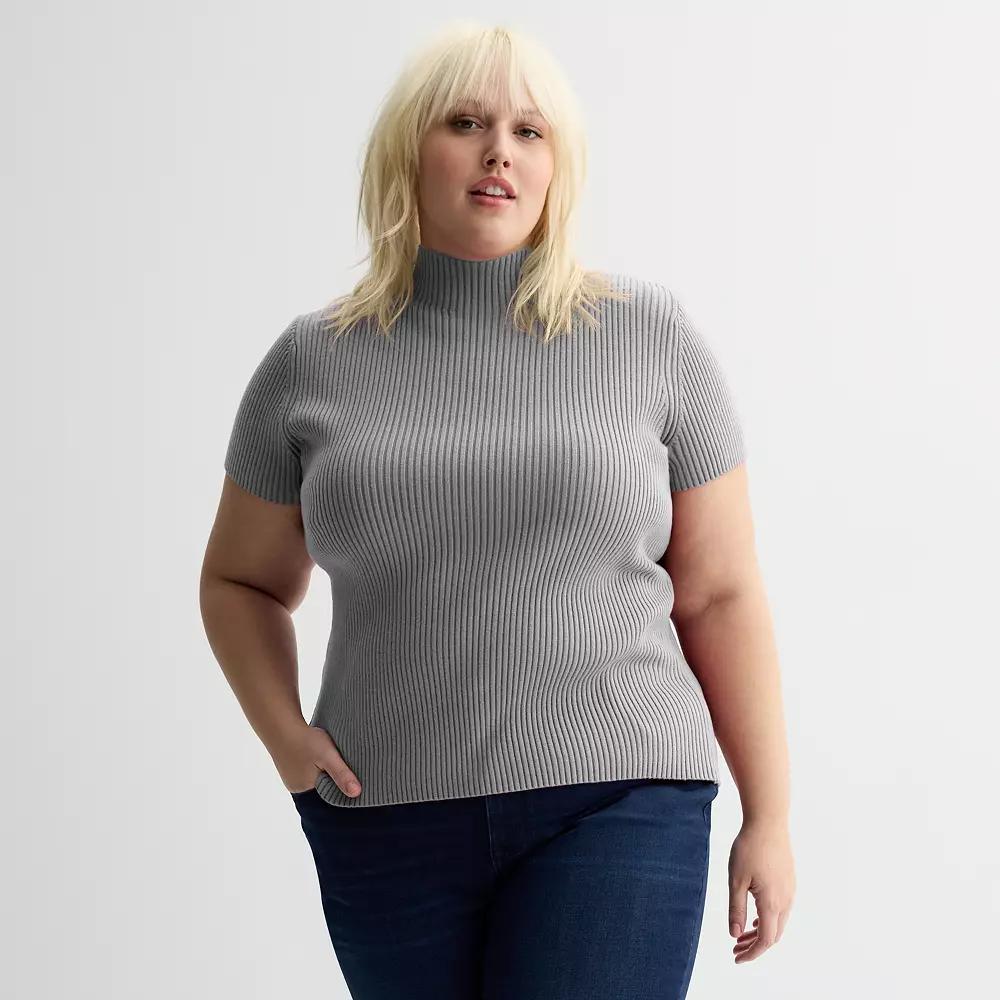 Plus Size Nine West Ribbed Mockneck Short Sleeve Top, Women's, Size: 3XL, Dark Metal Grey Product Image