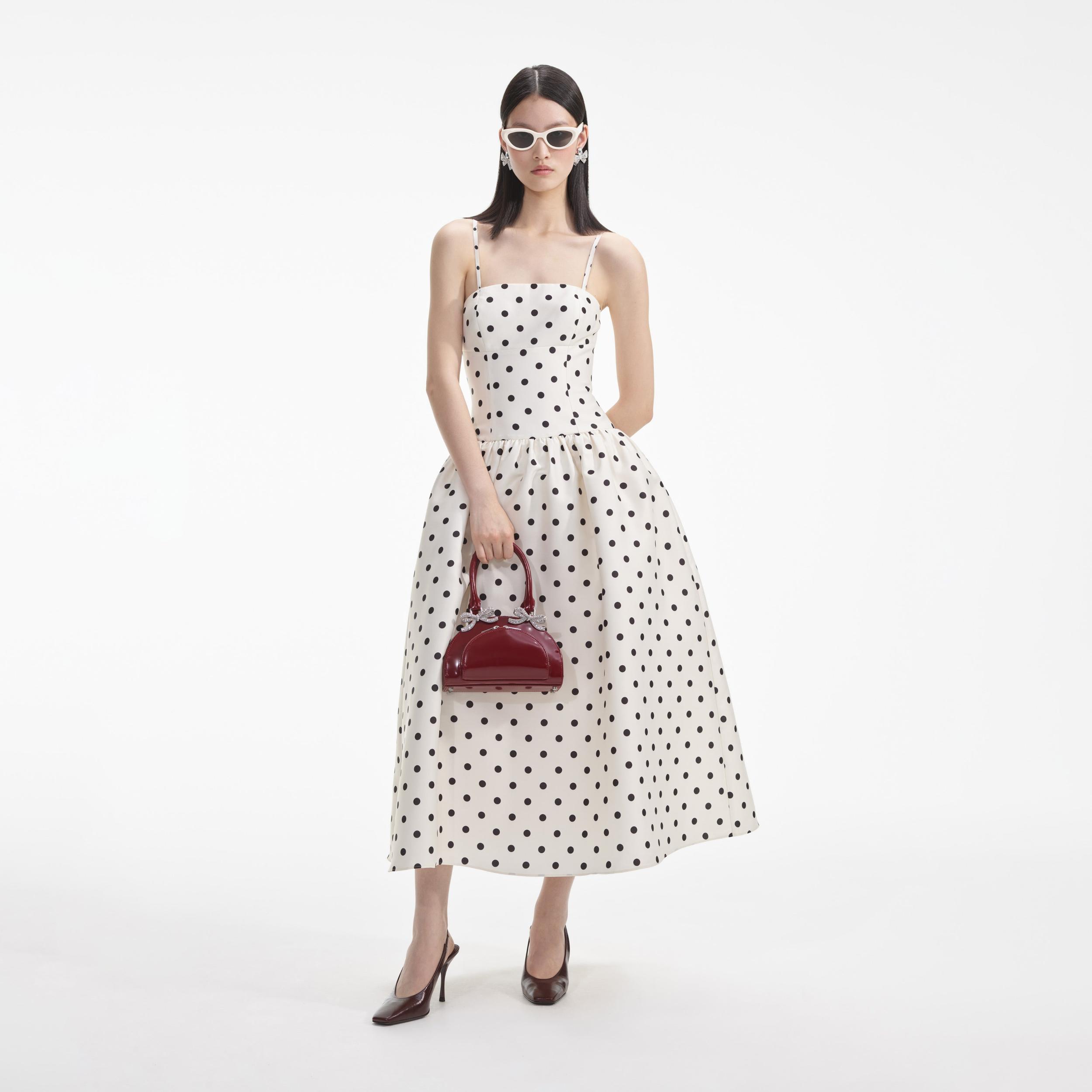 Cream Polka Dot Taffeta Midi Dress Product Image