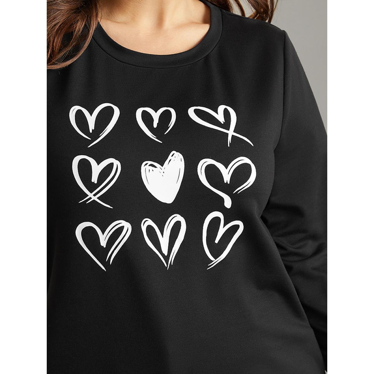 Plus Size Heart Print Round Neck Sweatshirt Women Black Casual Printed Dailywear Sweatshirts BloomChic 10/M Product Image