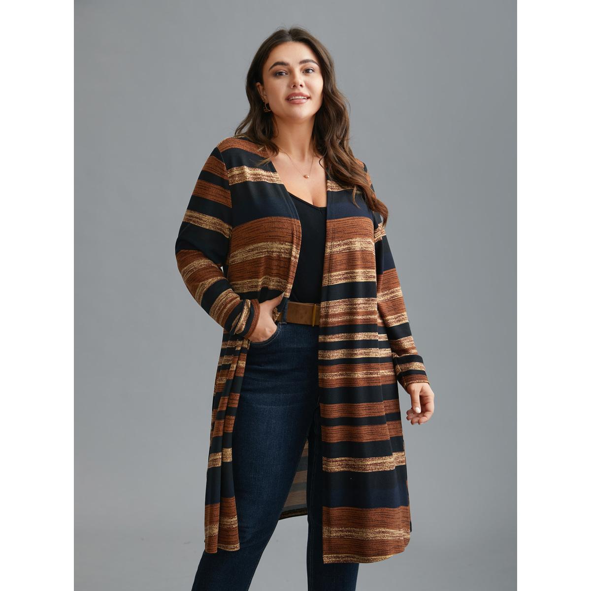 Plus Size Multi-Color Striped Open-Front Long Jacket Women Multicolor Contrast Loose Everyday Jackets BloomChic 10/M Product Image