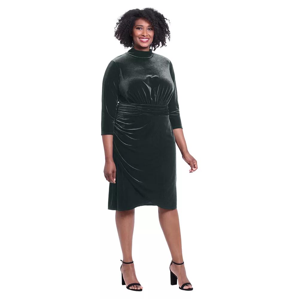 Plus Size London Times Mockneck Ruched Velvet Dress, Women's, Size: 18 W, Green Product Image