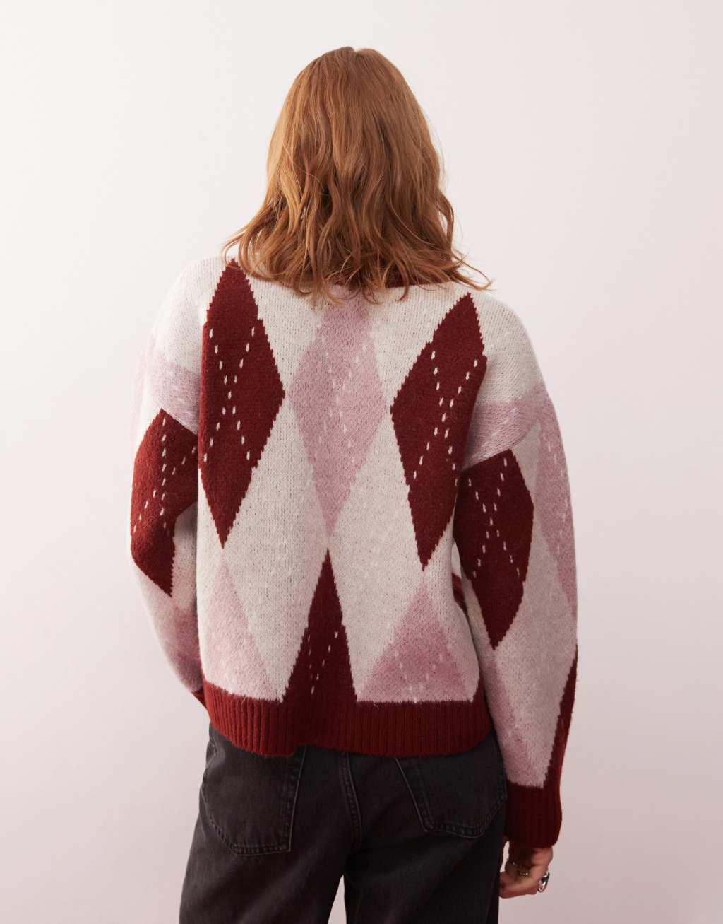 Reclaimed Vintage oversized argyle knit sweater in red and pink Product Image