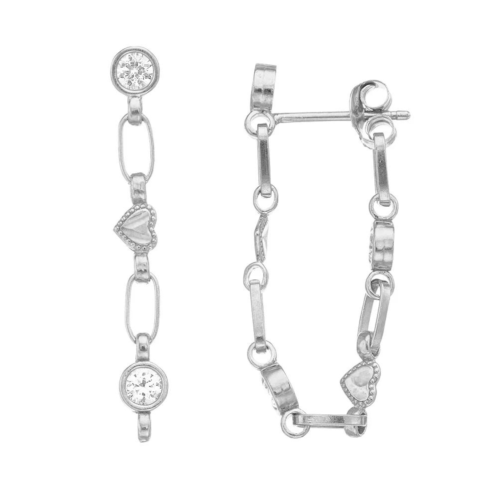 Kristen Kesho Sterling Silver Lab-Created White Sapphire Front-to-Back Heart Link Chain Hoop Earrings, Women's Product Image