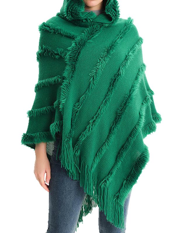 Hooded Keep Warm Solid Color Tasseled Cape Shawl&Cloak Product Image
