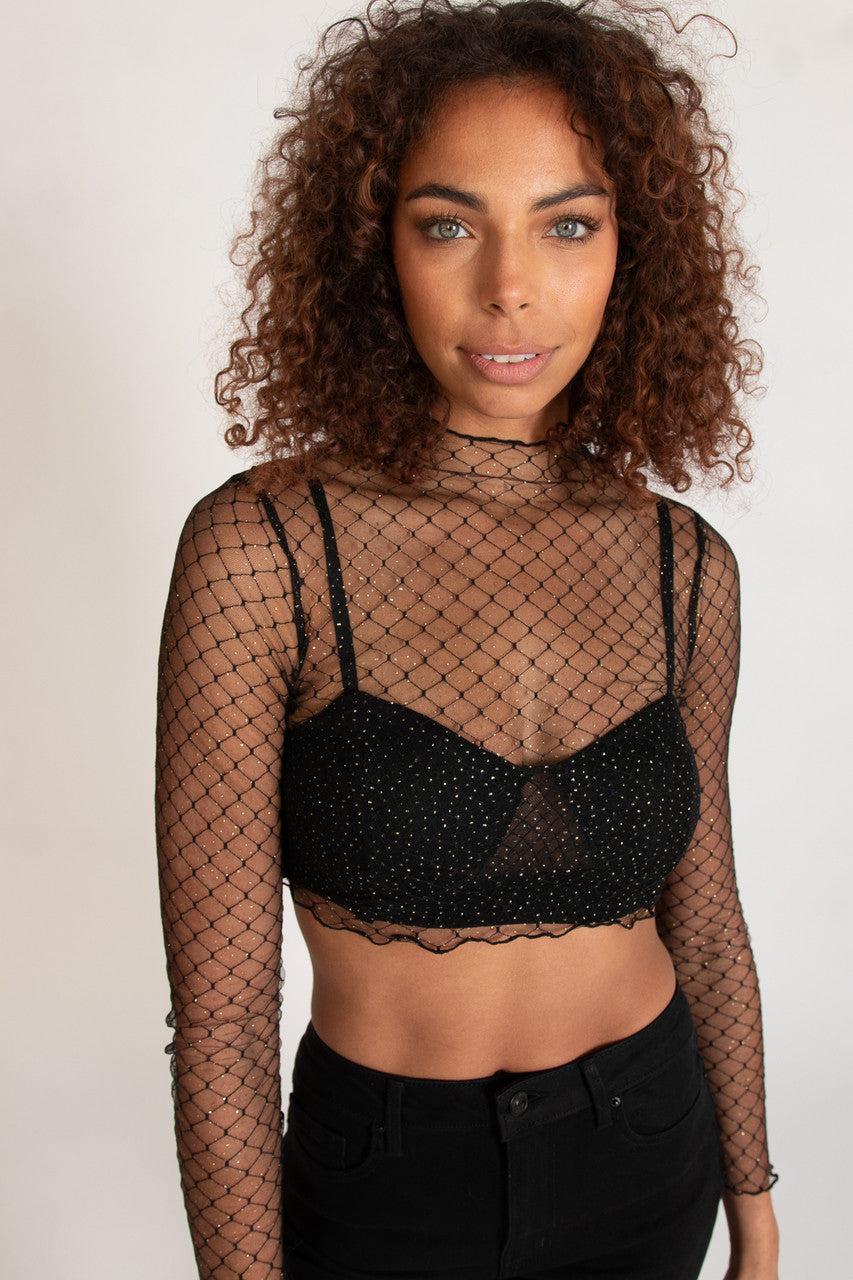 Gold Glitter Mesh Mock Neck Top Product Image