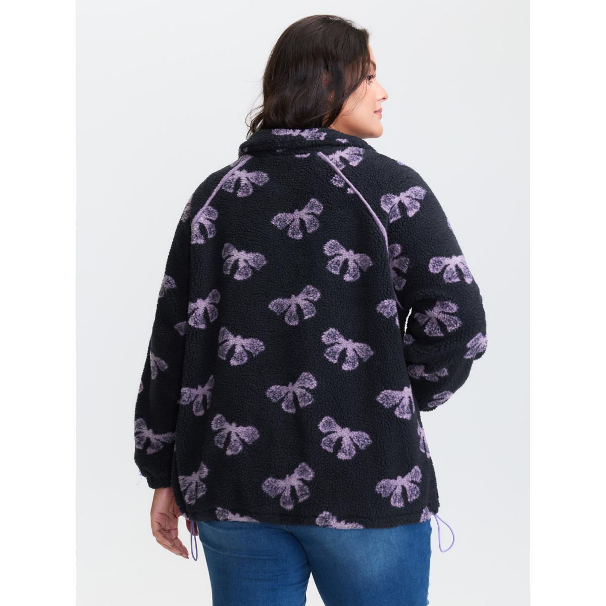 Plus Size Fluffy Texture Bowknot Pattern Adjustable Sweatshirt Women Midnight Playful Contrast Turtleneck Casual Sweatshirts BloomChic 18-20/2X Product Image