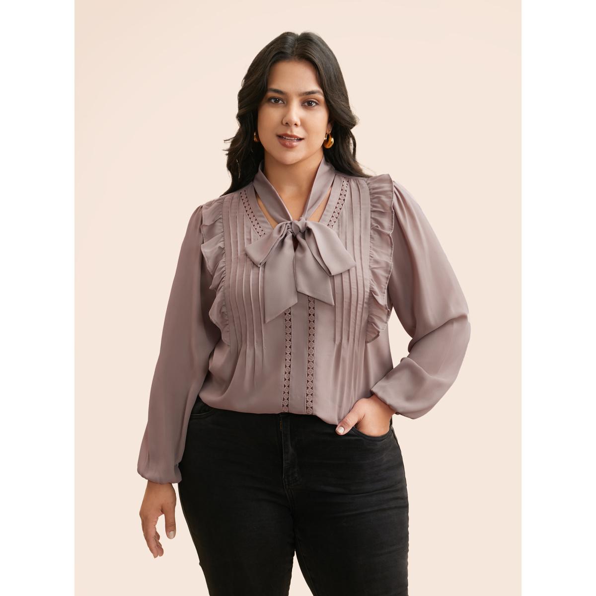Plus Size Dirtypink Ribbon Tied Collar Ruffles Lantern Sleeve Blouse Women Elegant Long Sleeve Ribbon-tied collar Everyday Blouses BloomChic 26/4X Product Image