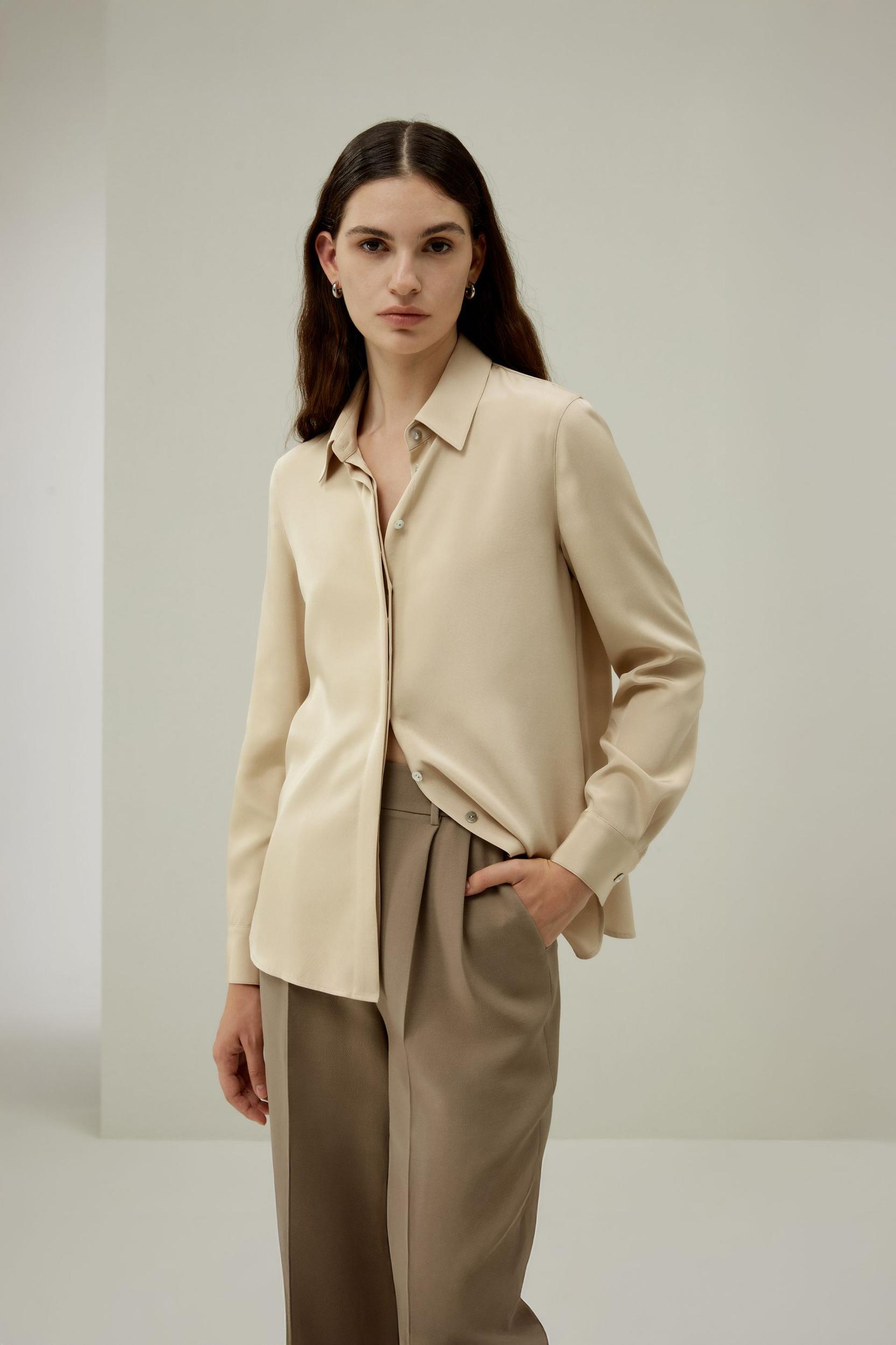 LILYSILK Silk Tops - Female - Dune Silk Georgette - Flattering Long Sleeve Shirt M Product Image