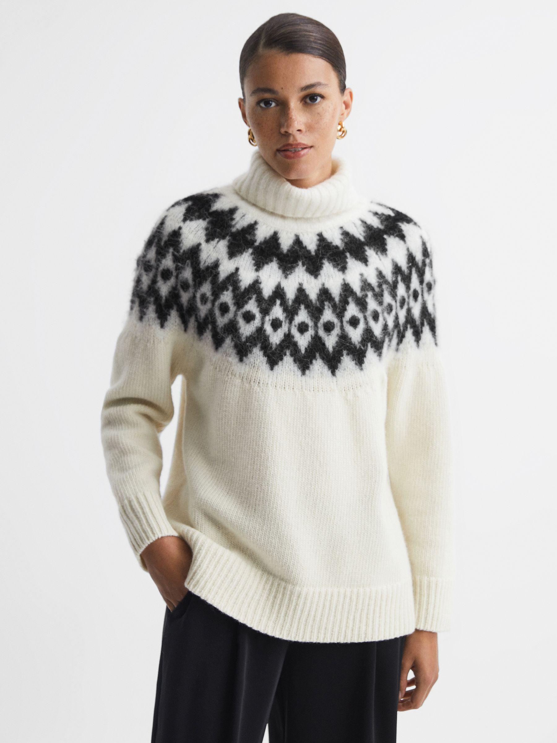 Wool-Cashmere Blend Fairisle Pattern Roll Neck Jumper in Cream/Black Product Image