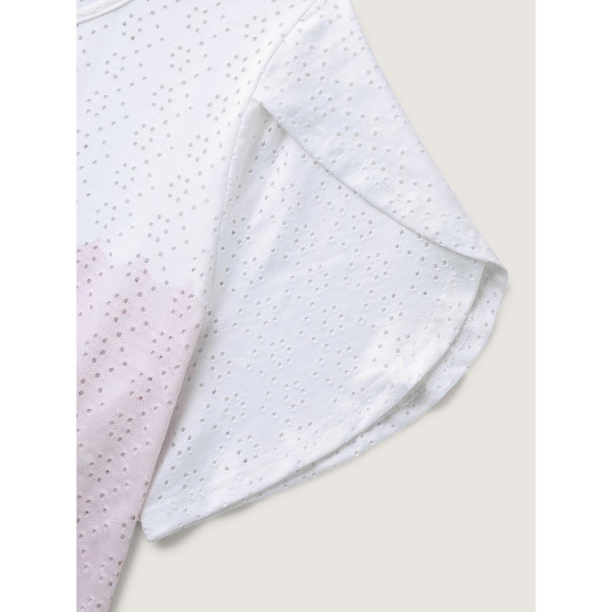 Plus Size Eyelet Trim Color Block Stretchy T-Shirt WhiteSmoke Women Playful Petal edge Round Neck Casual T-shirts BloomChic 18-20/2X Product Image