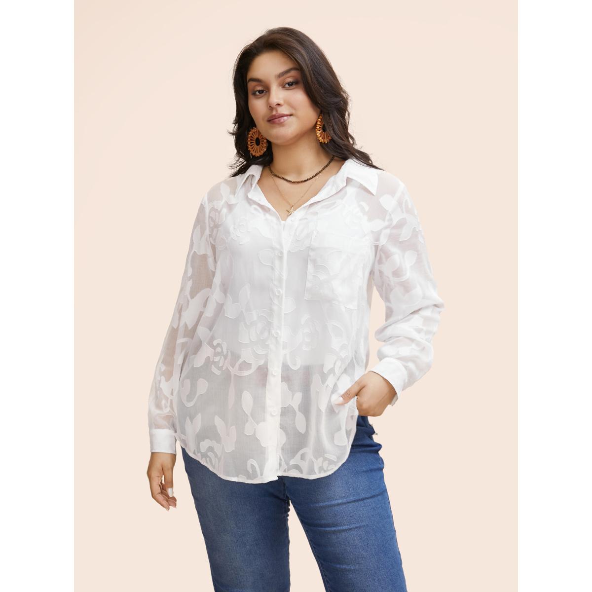 Plus Size Originalwhite Shirt Collar Floral Mesh Blouse Women Resort Extra Long Sleeve Shirt collar Vacation Blouses BloomChic 14-16/1X Product Image