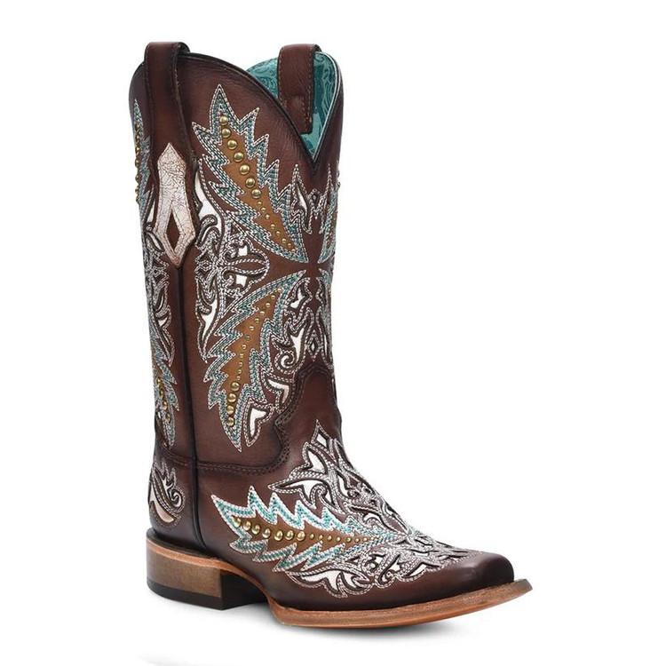 SALE Corral® Ladies' Brown with Inlay/Embroidery/Studs Square Toe Boots Product Image