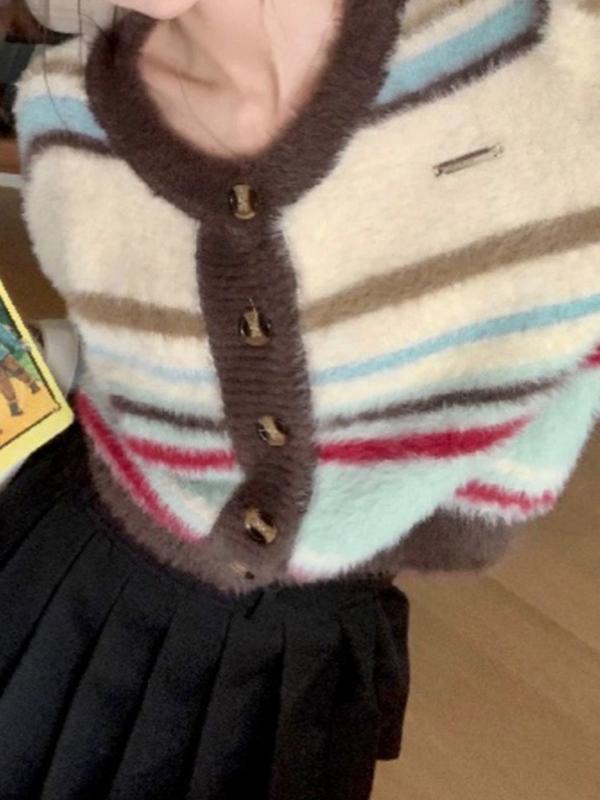 Colorful Striped Fuzzy Short Cardigan Product Image