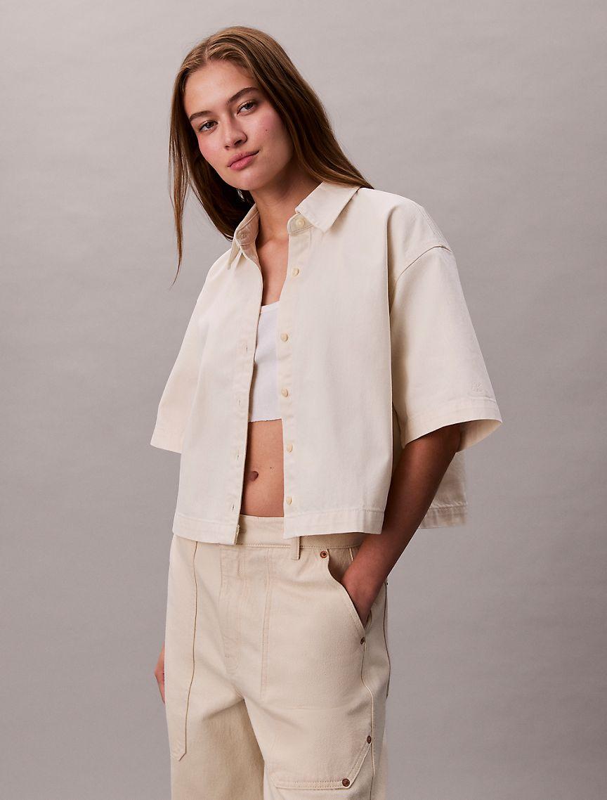 Denim Cropped Relaxed Button-Down Shirt  Product Image