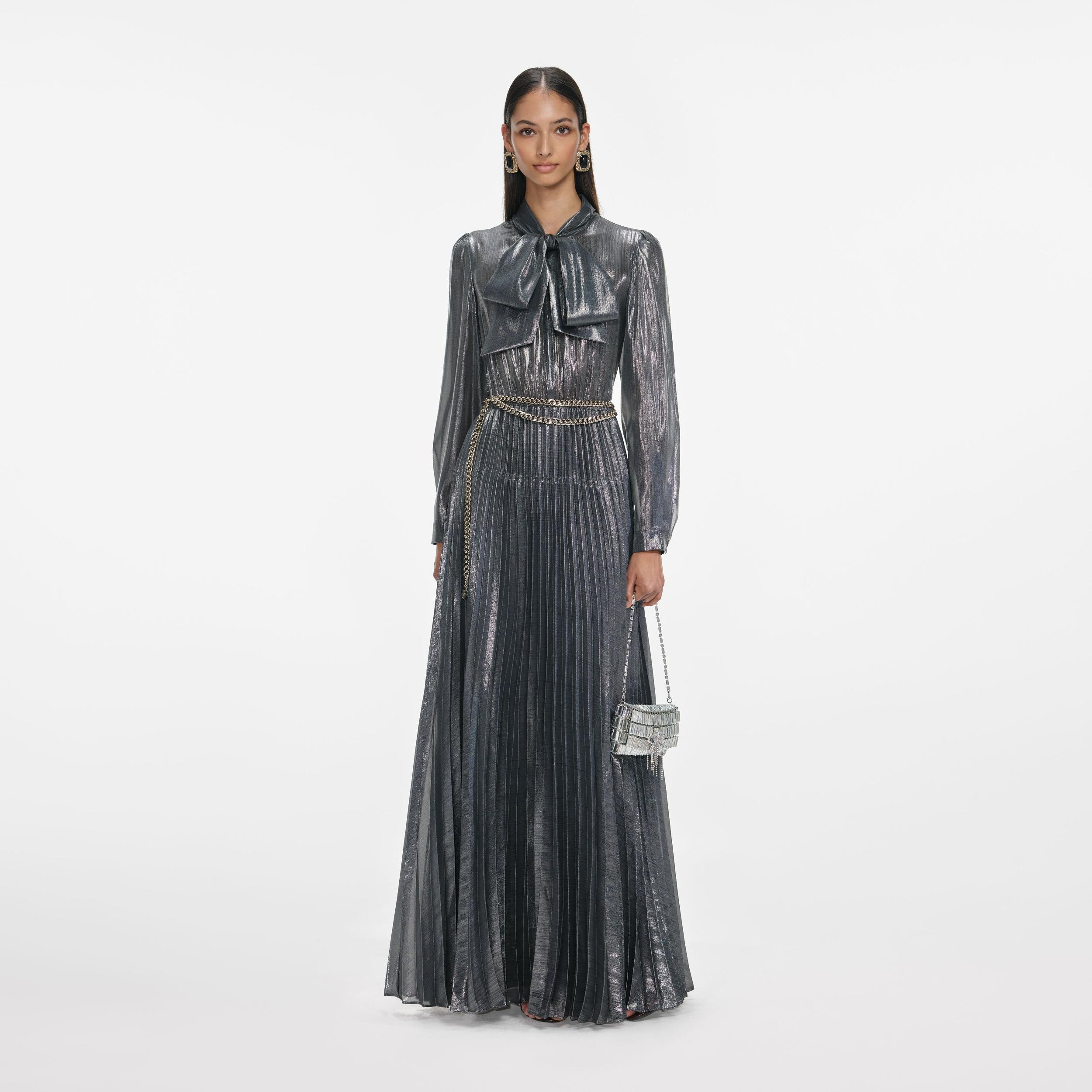 Grey Metallic Pussy Bow Maxi Dress Product Image