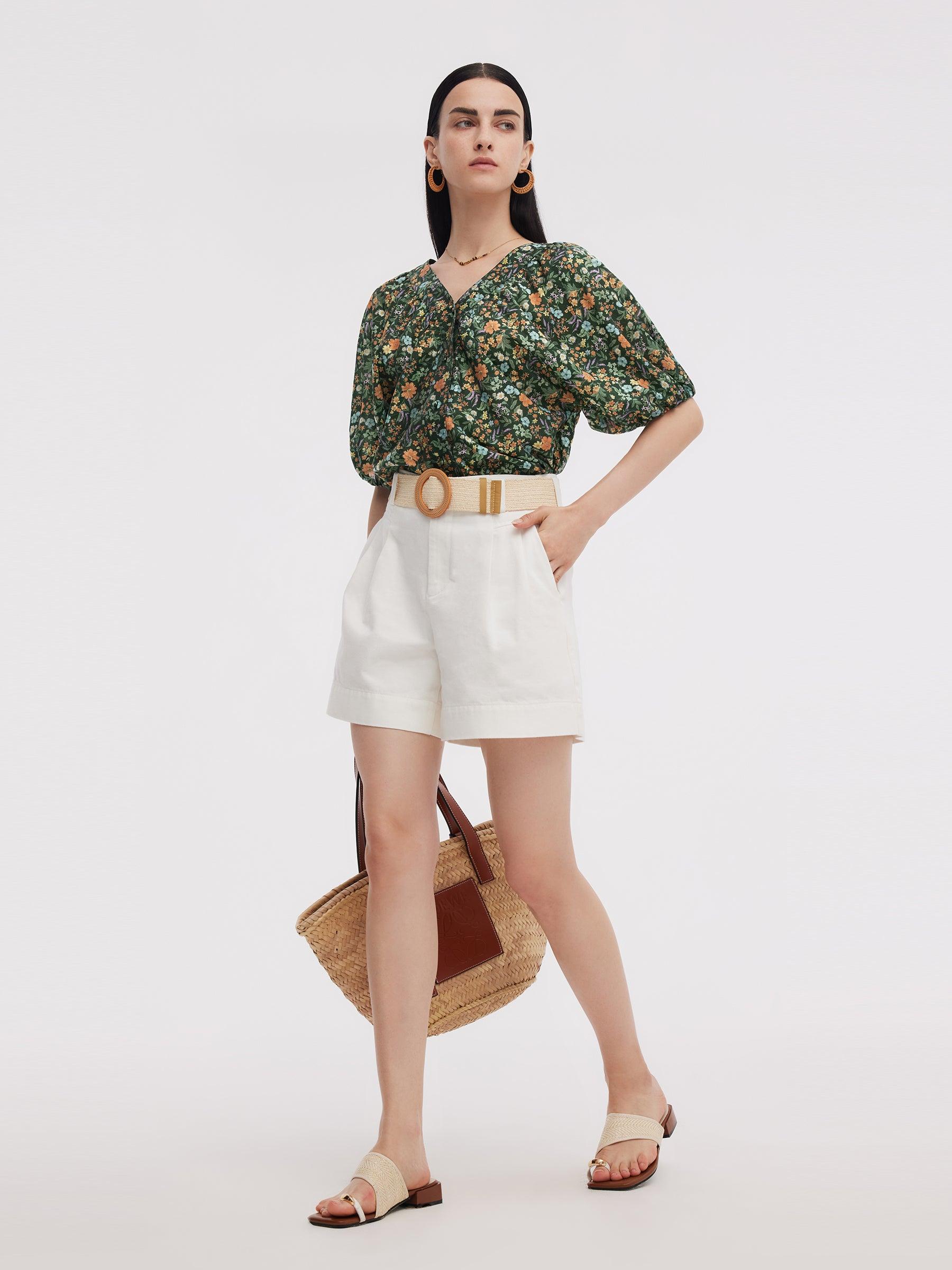 Tencel Blend Floral Print Women V-Neck Blouse Product Image