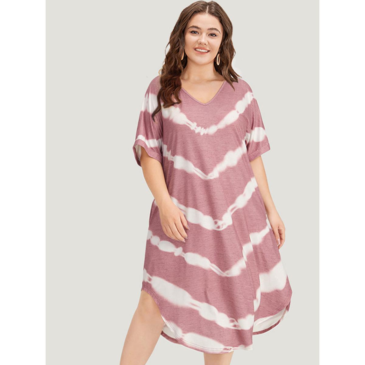 Plus Size Tie Dye Striped Two Tone V Neck Pocket Dress DustyPink Women Casual Tie Dye V-neck Short sleeve Curvy Midi Dress BloomChic 12/L Product Image