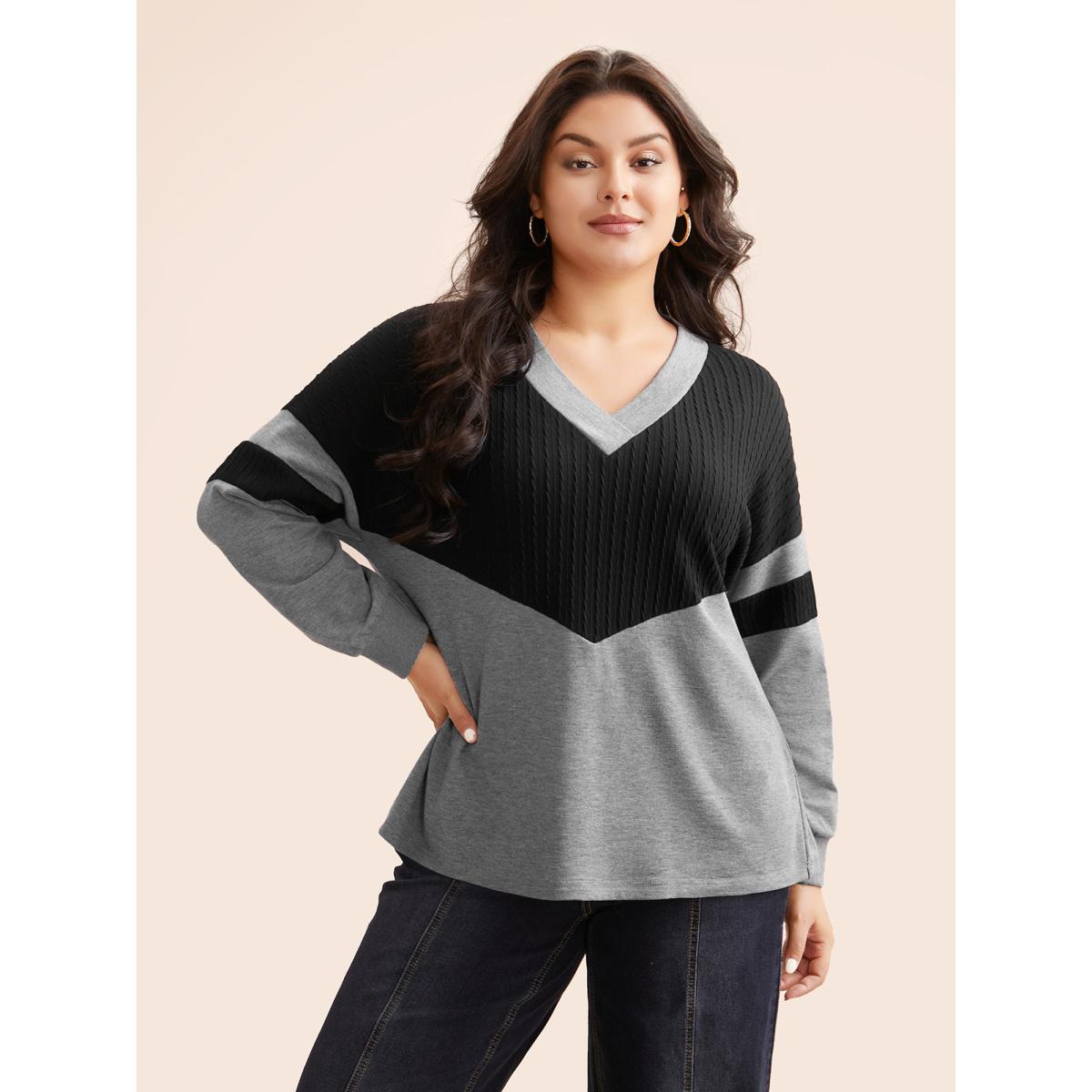 Plus Size Texture Patchwork Contrast V Neck Sweatshirt Women Black Casual Texture Loose V-neck Everyday Sweatshirts BloomChic 26/4X Product Image
