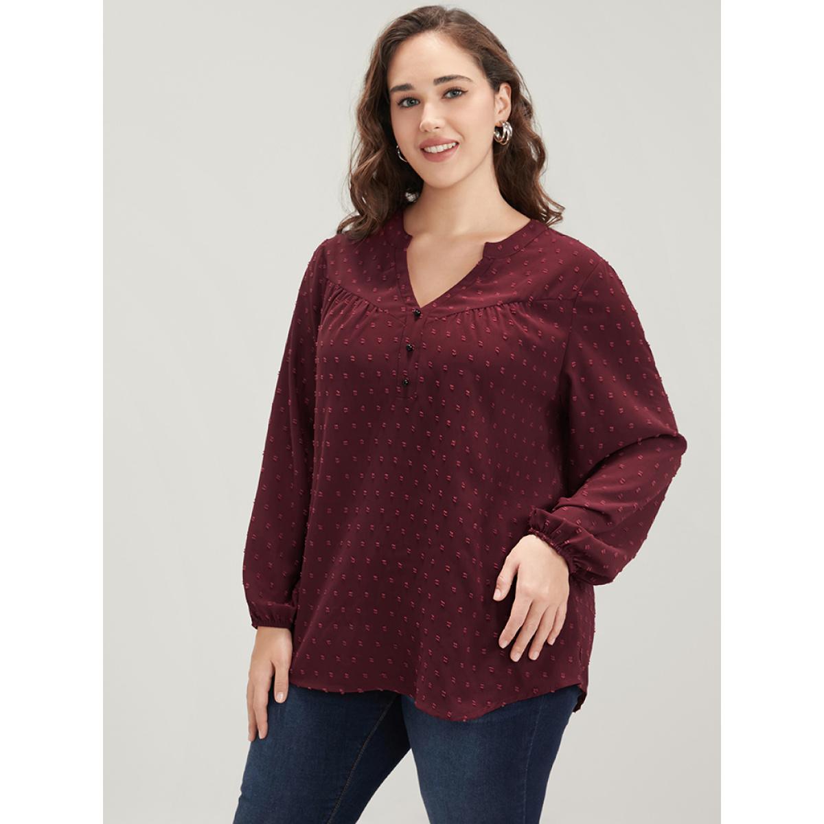 Plus Size Burgundy Polka Dot Button Detail Lantern Sleeve Arc Hem Blouse Women Office Long Sleeve V-neck Work Blouses BloomChic 10/M Product Image