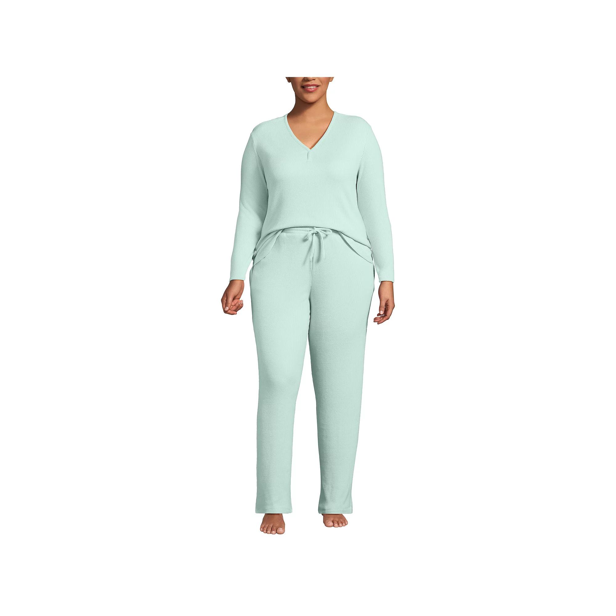 Plus Size Lands' End Long Sleeve V-Neck Pajama Top & Pajama Pants Set, Women's, Size: 2XL, Ivory Product Image