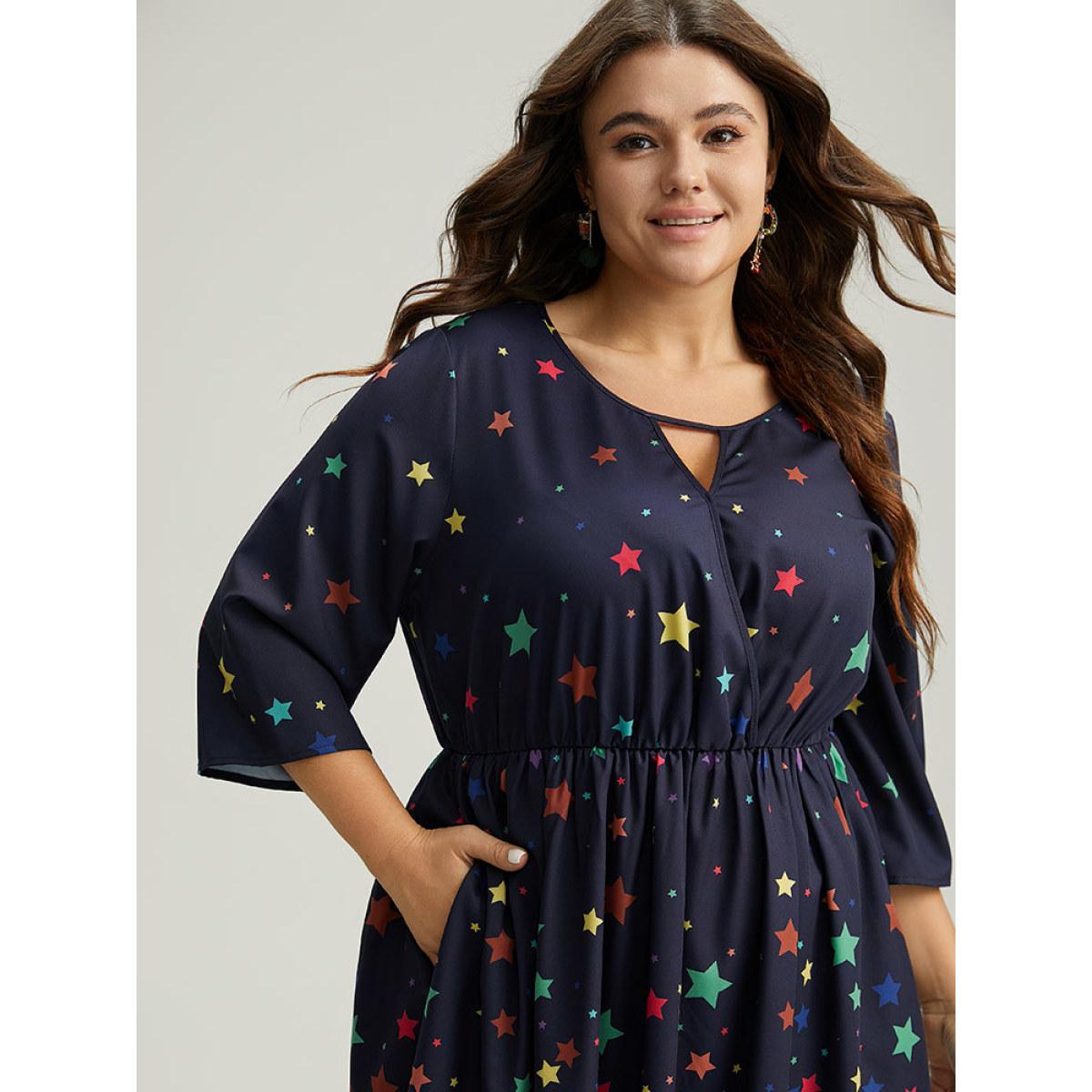 Plus Size Star Print Keyhole Pocket Elastic Waist Dress Indigo Women Elegant Printed Keyhole Cut-Out Elbow-length sleeve Curvy Midi Dress BloomChic 10/M Product Image