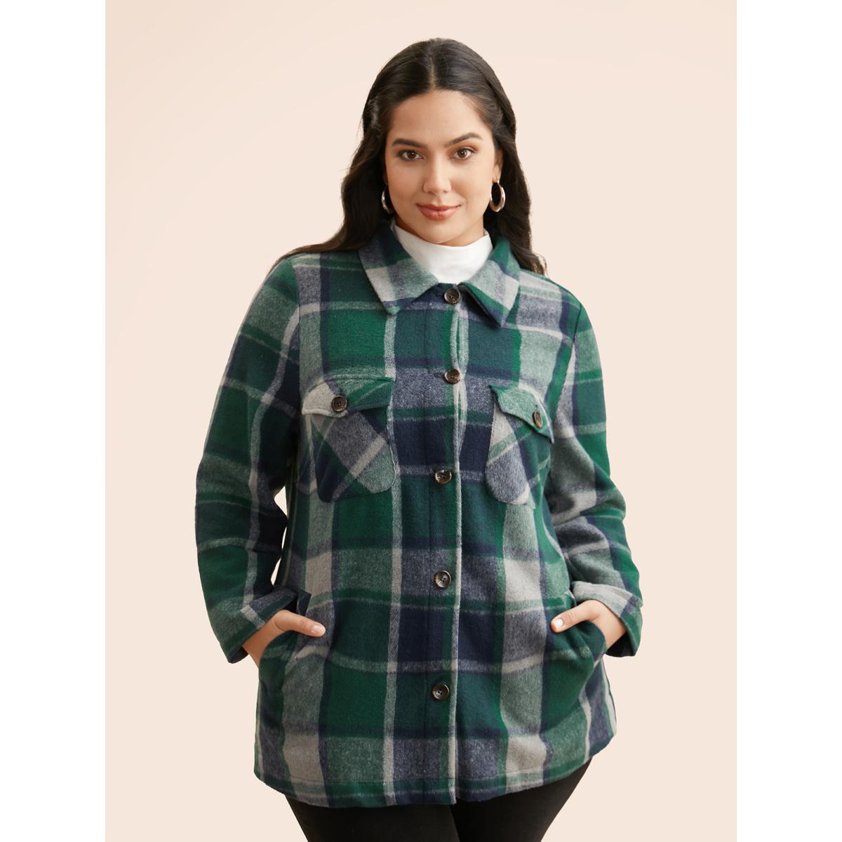 Plus Size Plaid Shirt Collar Patched Pocket Jacket Women DarkGreen Button Loose Slanted pocket Everyday Jackets BloomChic 28/5X Product Image