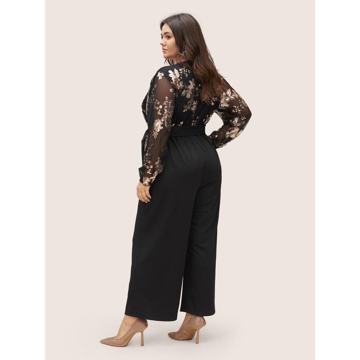 Plus Size Black Sequin Mesh Patchwork Wrap Belted Jumpsuit Women Cocktail Long Sleeve Overlap Collar Party Loose Jumpsuits BloomChic 10/M Product Image