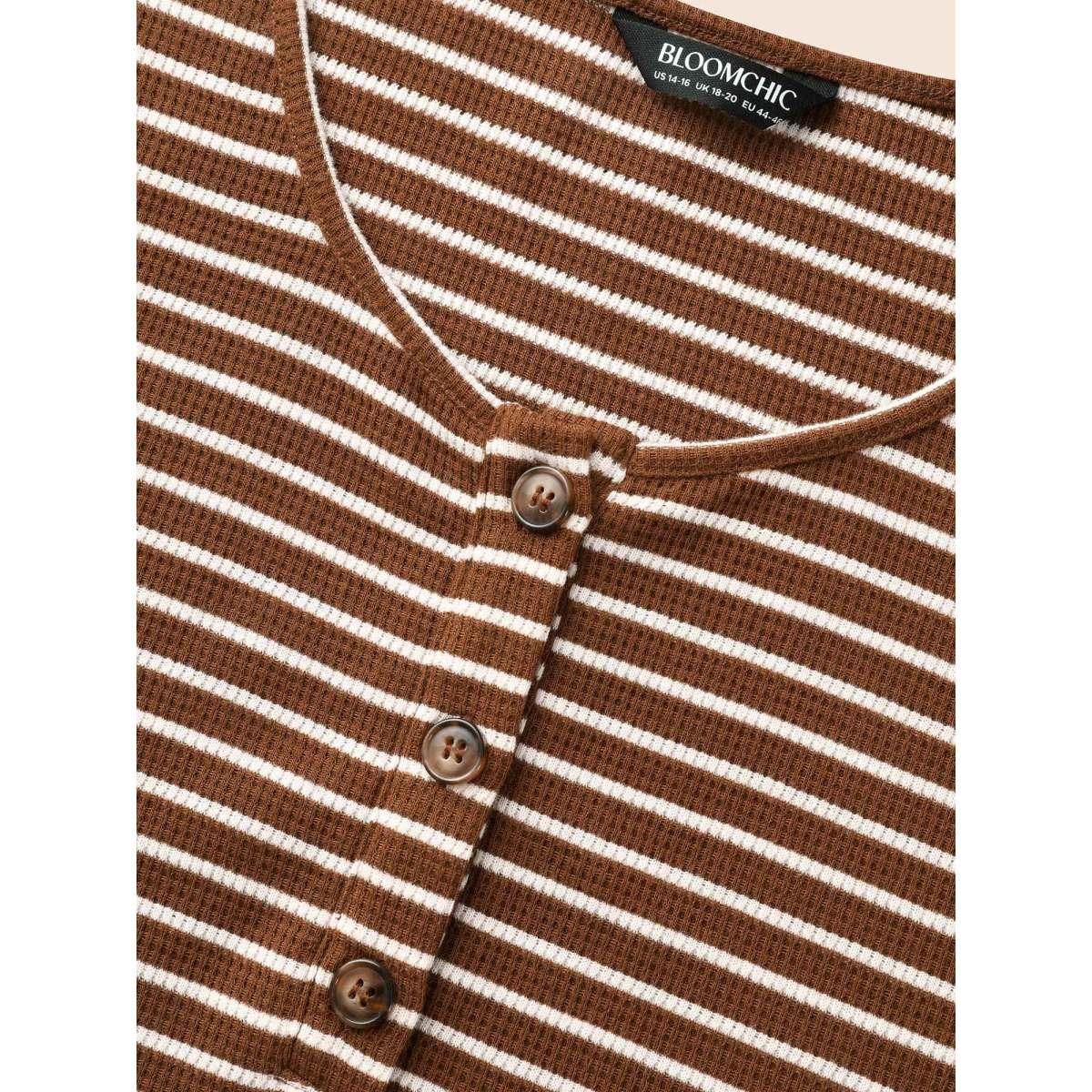 Plus Size Striped Textured Button Up T-shirt Browncoffeecolor Women Casual Button Round Neck Everyday T-shirts BloomChic 18-20/2X Product Image