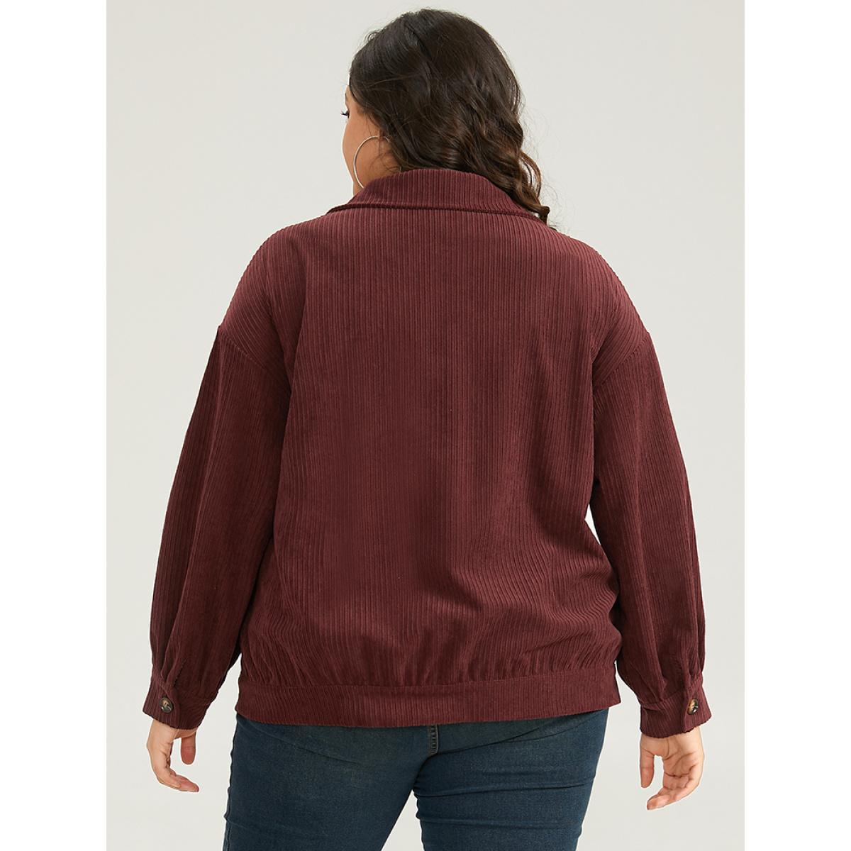 Plus Size Plain Texture Button Through Gathered Jacket Women Maroon Texture Dailywear Jackets BloomChic 12/L Product Image