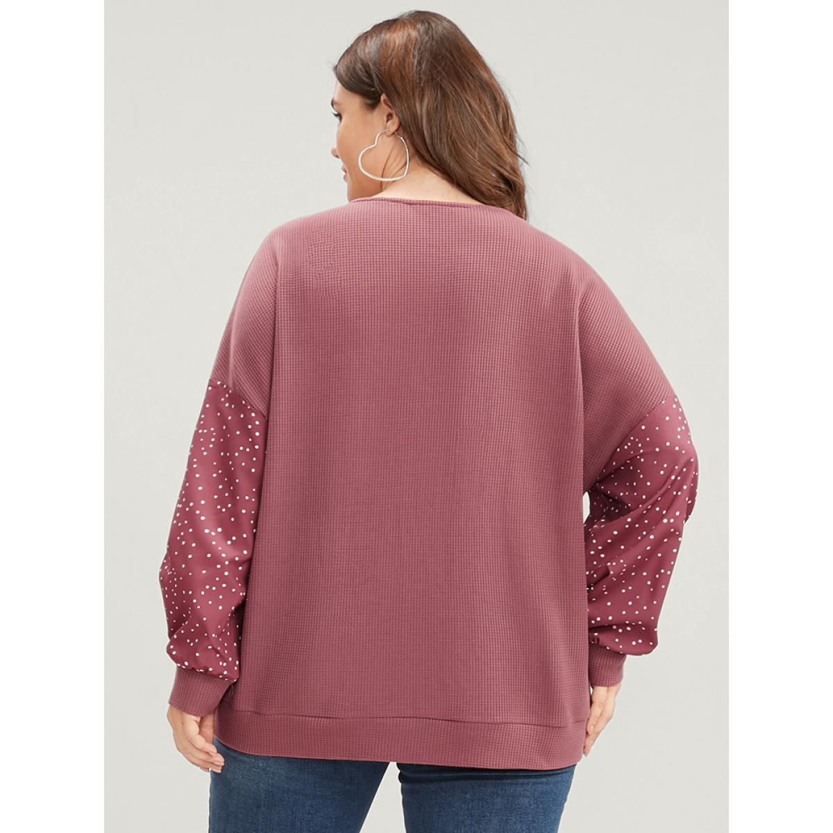 Plus Size Polka Dot Patchwork Wrap Waffle Knit Sweatshirt Women DustyPink Elegant Patchwork V-neck Dailywear Sweatshirts BloomChic 18-20/2X Product Image